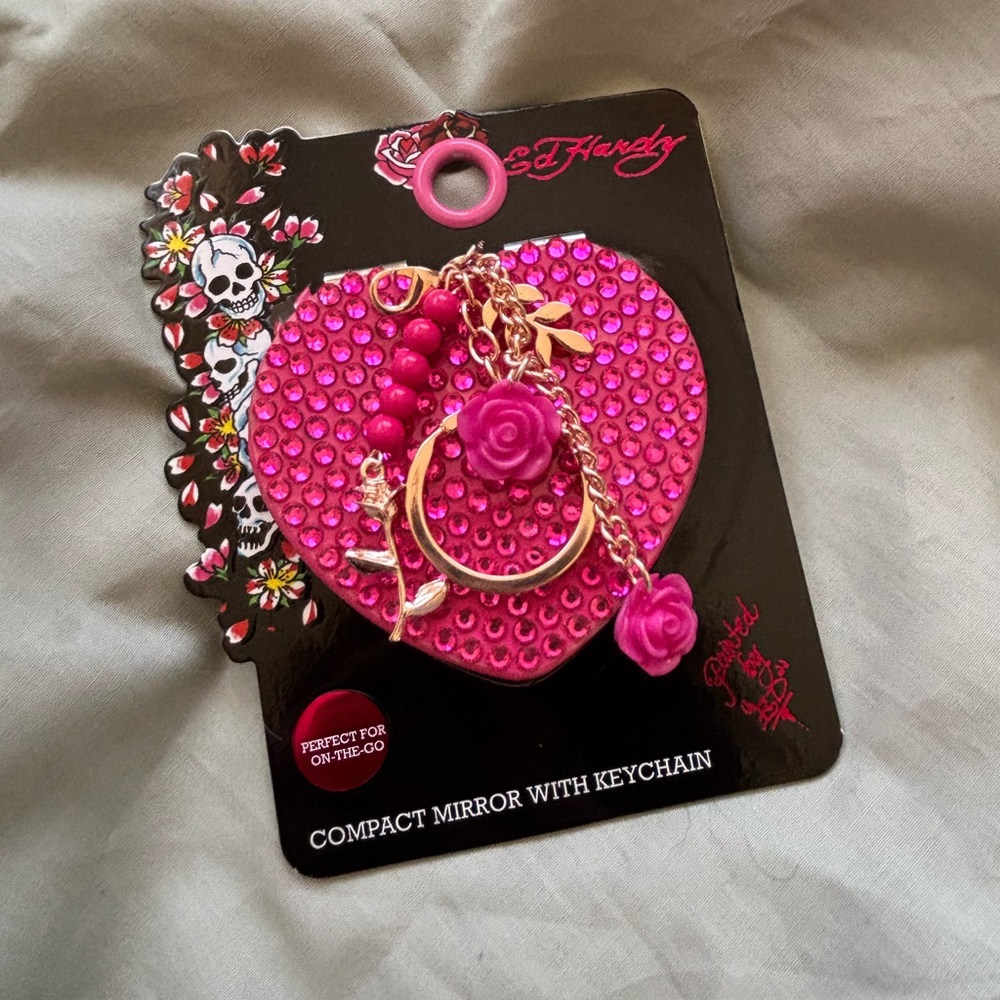 Ed Hardy Pink Heart Compact Mirror Keychain with Rose Bag Charm Clip